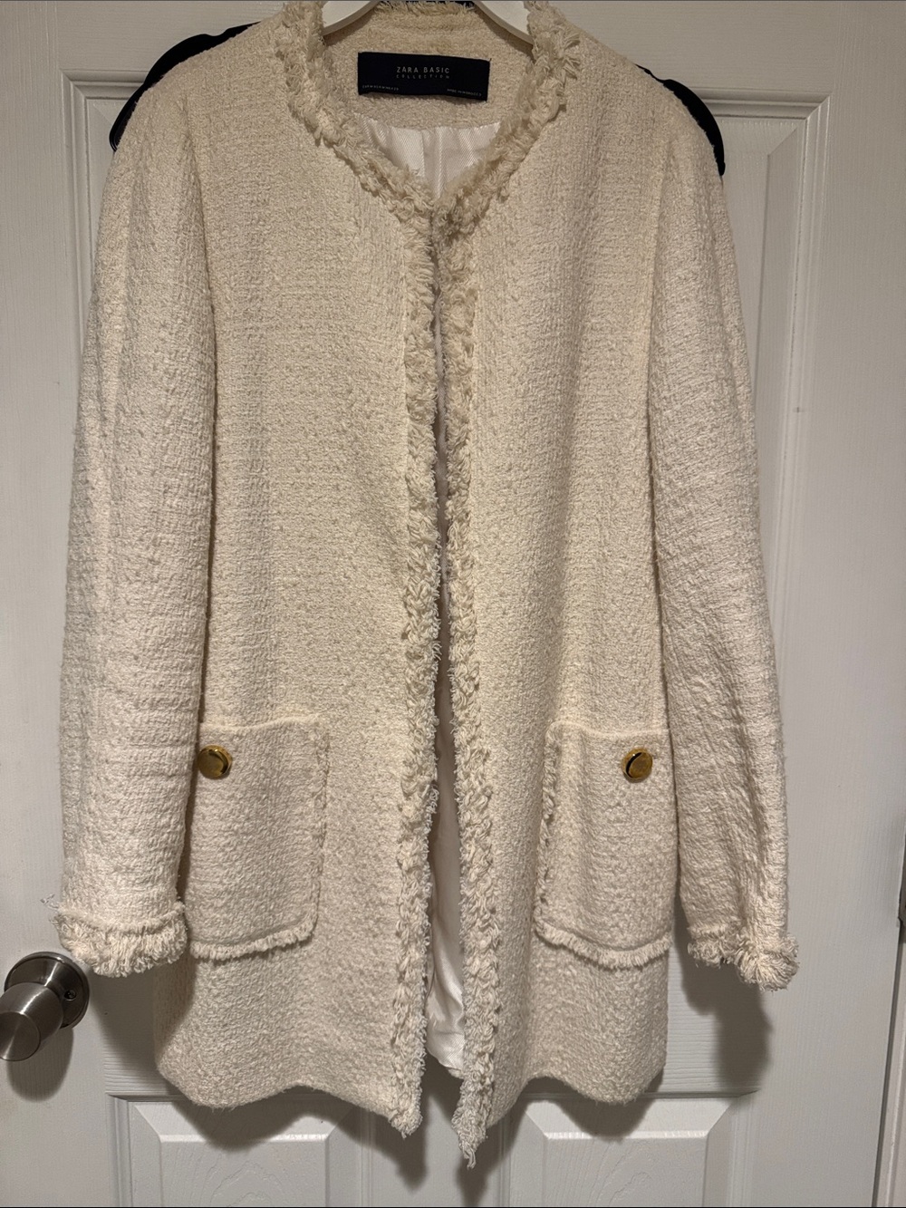 Zara Ivory Tweed Open-Front Blazer with Gold Buttons